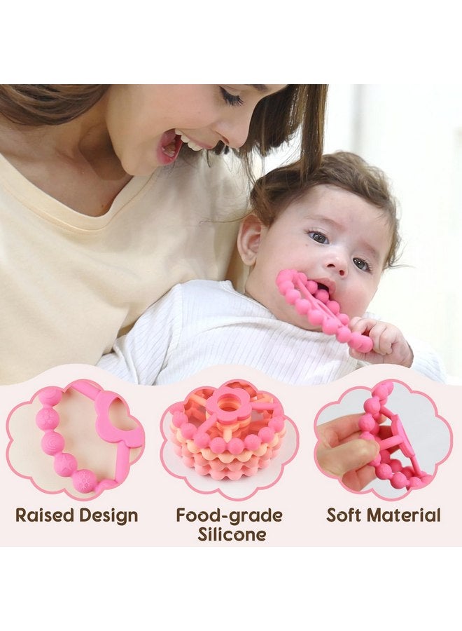 duludulu 4 Pack Silicone Baby Teething Toys, Teething Rings for Babies 0-6 6-12 Months Newborn Baby Teethers Girl Relief Soothe Baby's Gums Infant Toys Gifts Baby Girls Boys Sweet Pink
