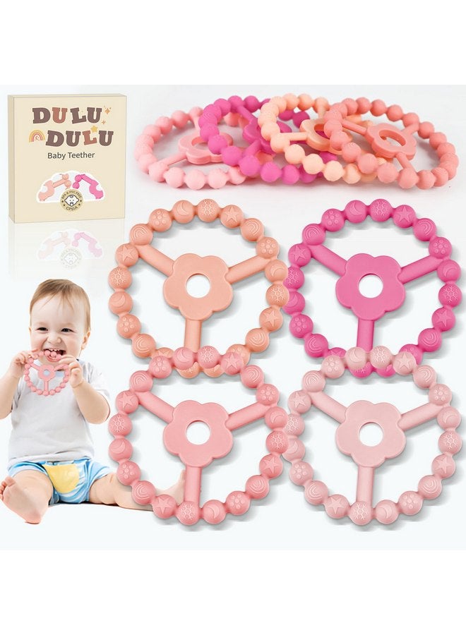 duludulu 4 Pack Silicone Baby Teething Toys, Teething Rings for Babies 0-6 6-12 Months Newborn Baby Teethers Girl Relief Soothe Baby's Gums Infant Toys Gifts Baby Girls Boys Sweet Pink
