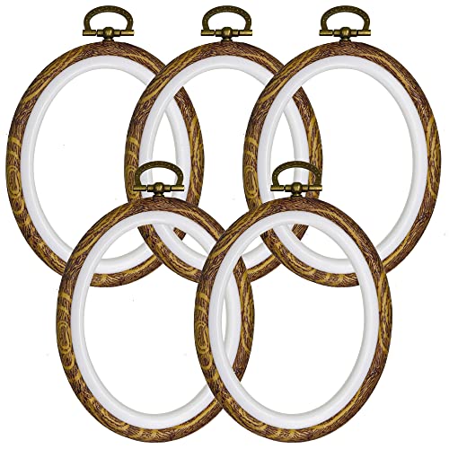 GuoFa Oval Embroidery Hoops 5PCS 5 x 4 Inch Resin Imitation Wood Hoops for Cross Stitch Sewing Needlework Vintage Decorative Frames for Crafts Display - Image 1
