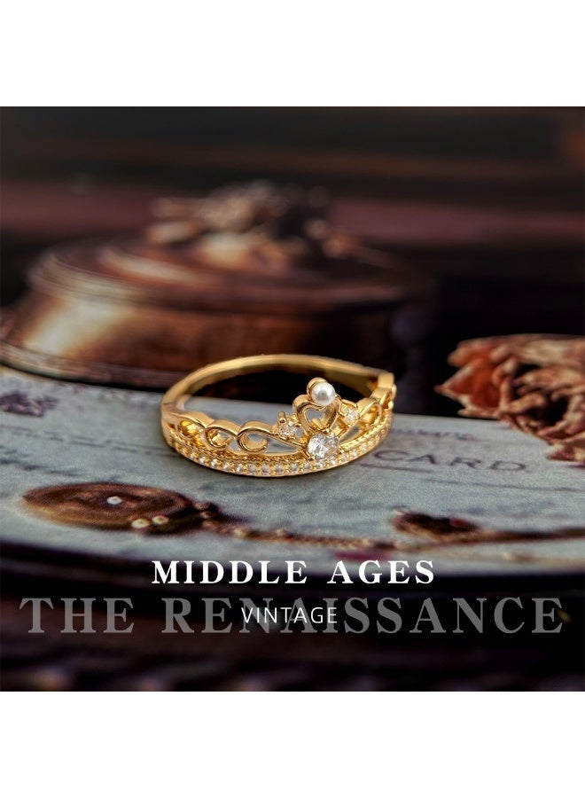 【Crown Pearl】Medieval Vintage Crown Open Ring Gold Plated Diamond Pearl Light Luxury Ring - Image 2