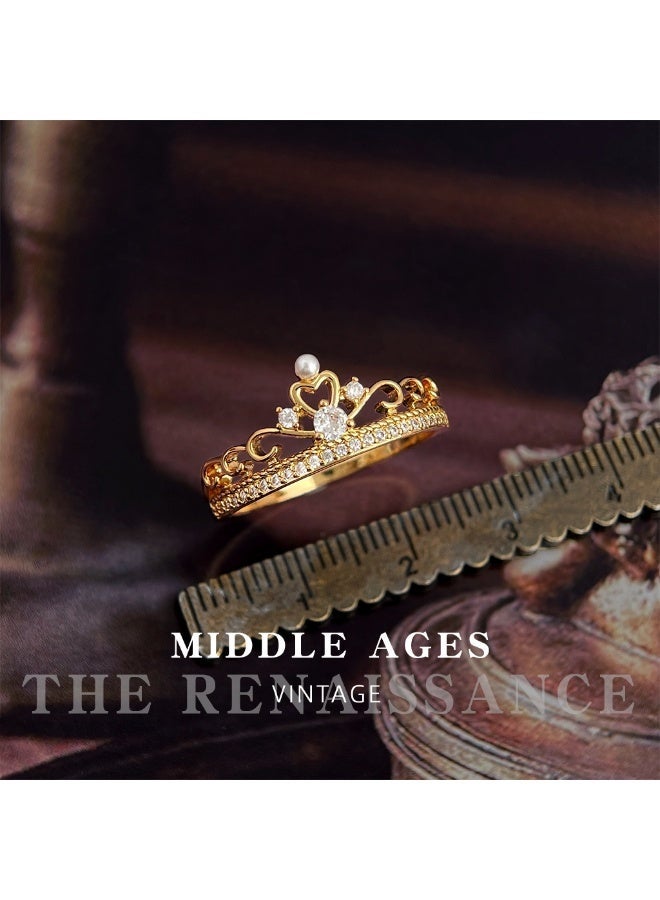 【Crown Pearl】Medieval Vintage Crown Open Ring Gold Plated Diamond Pearl Light Luxury Ring - Image 1
