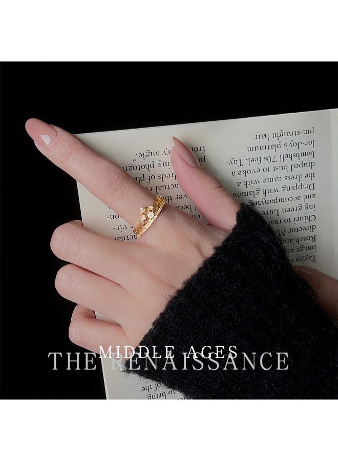 【Crown Pearl】Medieval Vintage Crown Open Ring Gold Plated Diamond Pearl Light Luxury Ring - Image 4