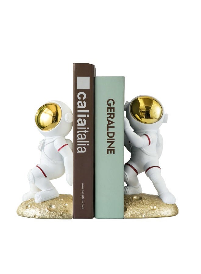 Banllis Space Theme Bookends for Shelves, Astronaut Moon Book Ends for Kids Room, Decorative Planet Book Stoppers to Hold Books Heavy Duty, Unique Boys and Girls Gift (Gold) - Image 1