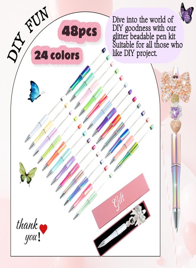 KUNHEHO Beadable Pen 48Pcs Gradient Colors Shiny Fancy Pens Bulk for Women Focal Beads Pen Retractable Ballpoint Cool Cute Pens for Tween Girls DIY Small Thank You Gifts - Image 5