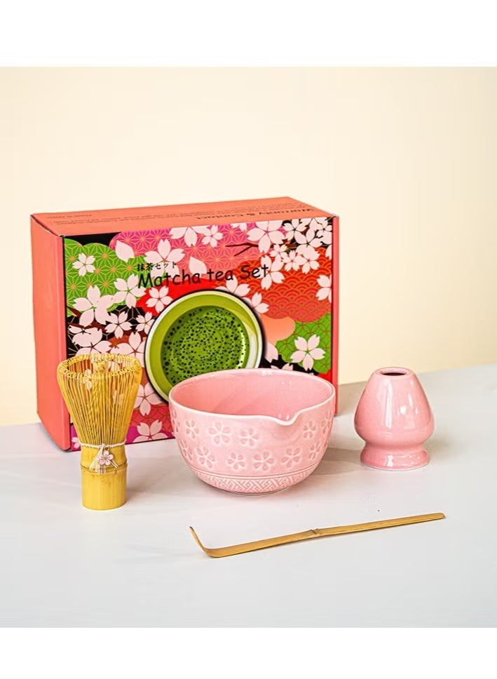 XiuWoo 4 Piece Matcha Tea Set Matcha Whisk Kit Matcha Ceramic Bowl Matcha Whisk, Pink Whisk Holder Traditional Scoop Perfect Set to a Traditional of Matcha Tool (Pink ) - Image 1