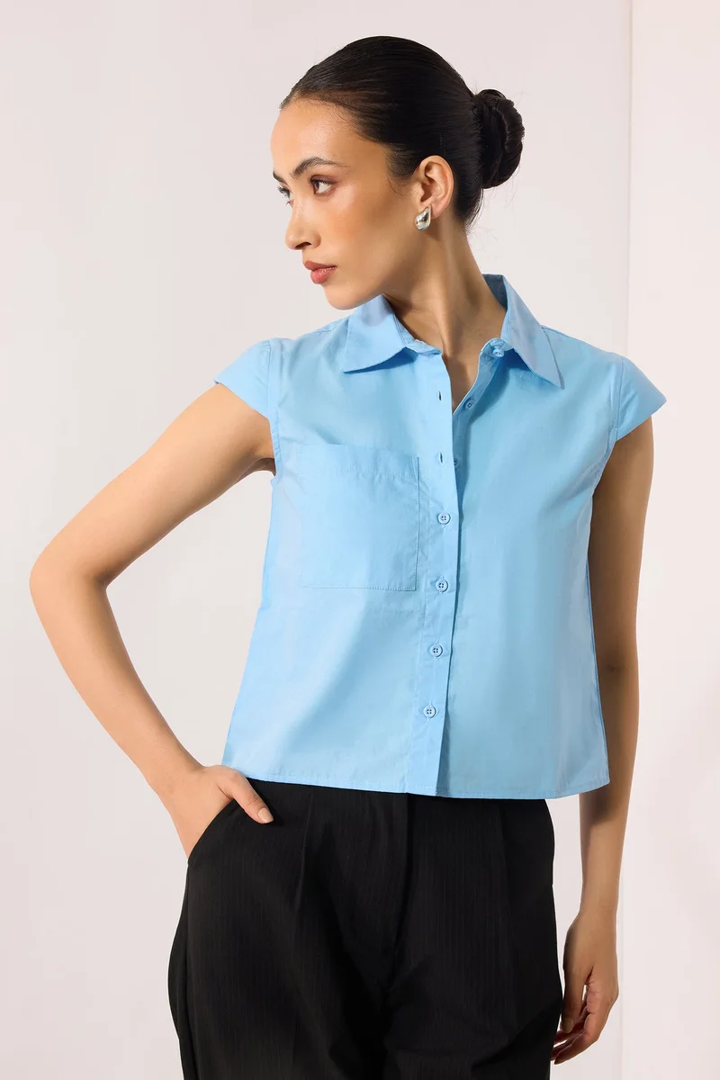 فيرجيو Cotton Blue Workwear Shirts With Cap Sleeve for Women