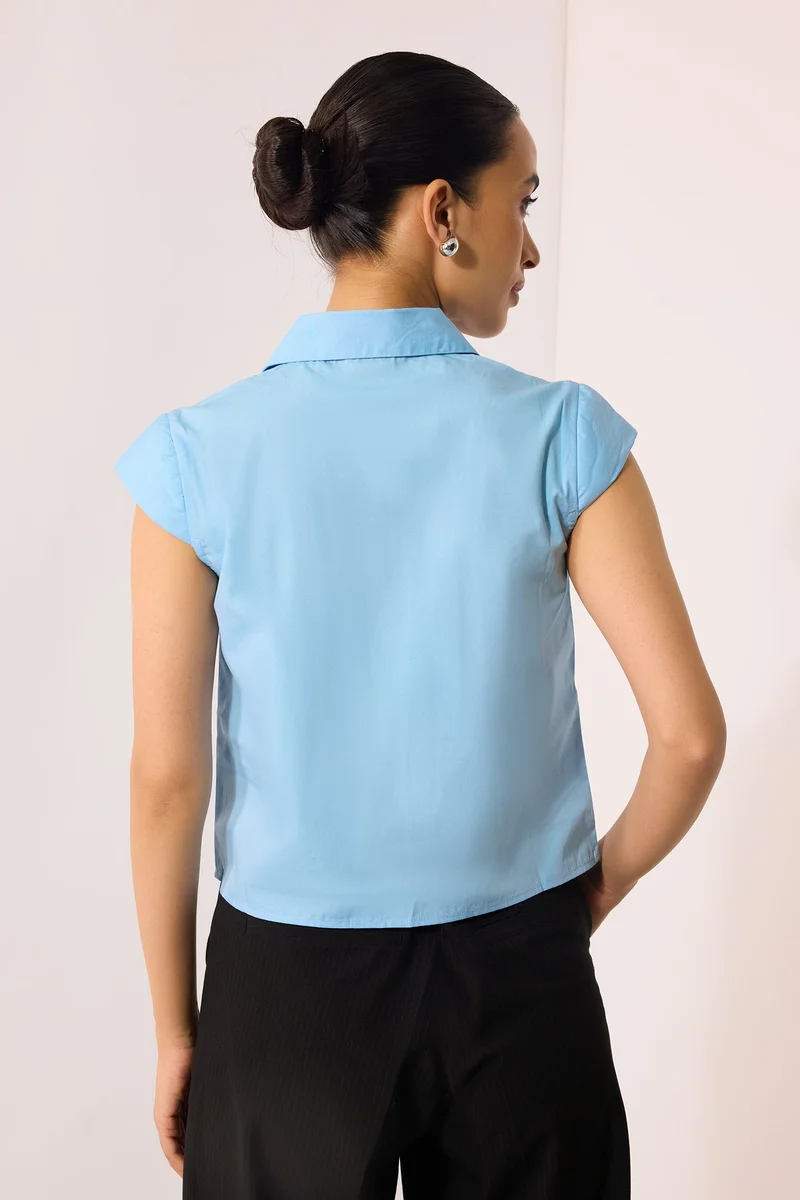 فيرجيو Cotton Blue Workwear Shirts With Cap Sleeve for Women