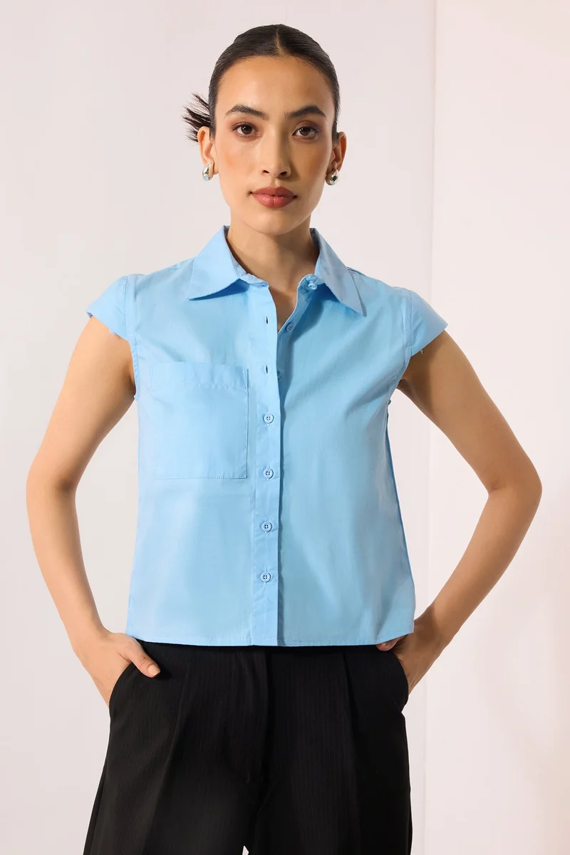 فيرجيو Cotton Blue Workwear Shirts With Cap Sleeve for Women