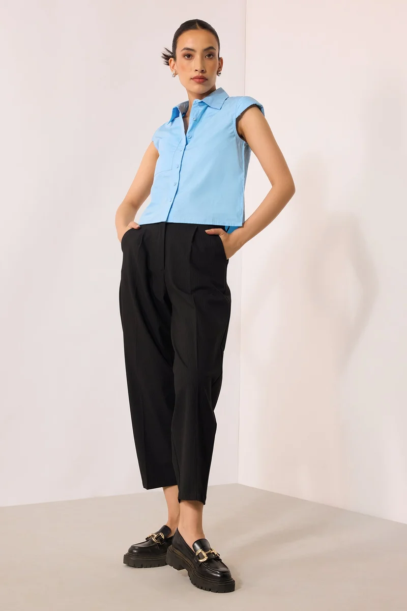 فيرجيو Cotton Blue Workwear Shirts With Cap Sleeve for Women