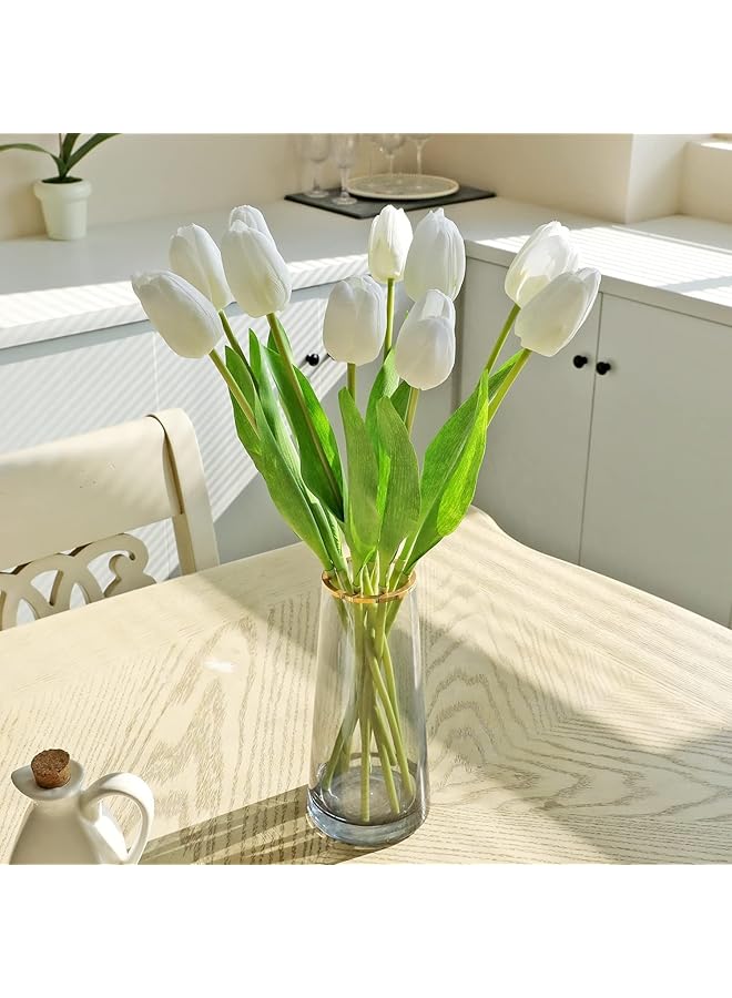 12Pcs Artificial Tulips Flowers Real Touch Flower Soft Faux Tulips Bouquets Arrangements Realistic Tulips For Office Wedding Party Kitchen Decoration White