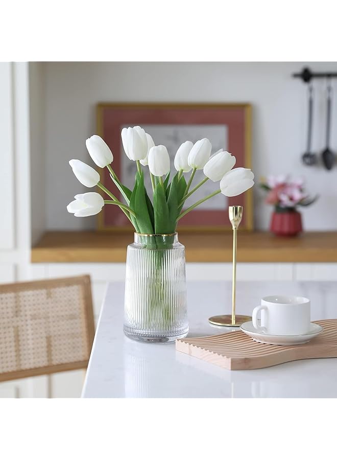 12Pcs Artificial Tulips Flowers Real Touch Flower Soft Faux Tulips Bouquets Arrangements Realistic Tulips For Office Wedding Party Kitchen Decoration White