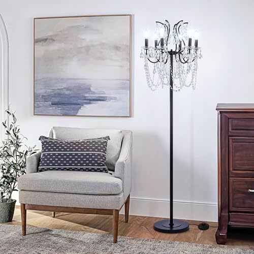 TOCHIC Modern Black Crystal Floor Lamp, 6-Light Vintage Farmhouse Standing Lamp with Foot Switch for Living Room, Bedroom, Office, Dining Room 65" Tall - Image 5