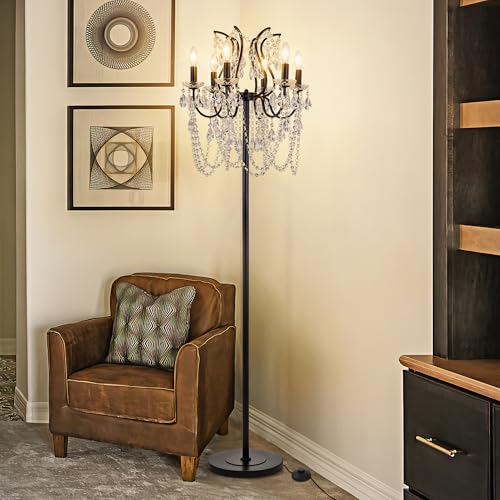 TOCHIC Modern Black Crystal Floor Lamp, 6-Light Vintage Farmhouse Standing Lamp with Foot Switch for Living Room, Bedroom, Office, Dining Room 65" Tall - Image 3