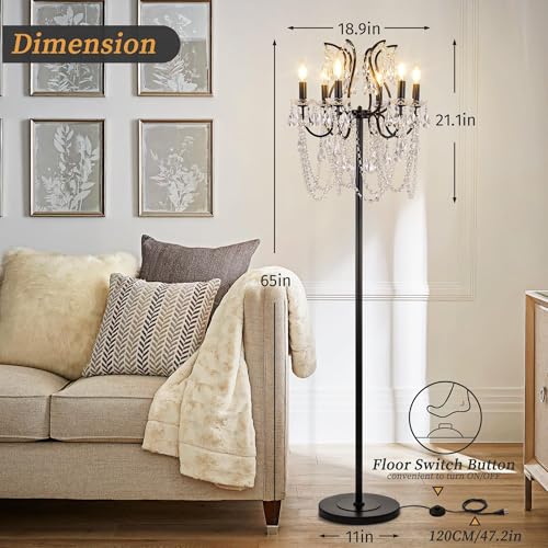 TOCHIC Modern Black Crystal Floor Lamp, 6-Light Vintage Farmhouse Standing Lamp with Foot Switch for Living Room, Bedroom, Office, Dining Room 65" Tall - Image 2