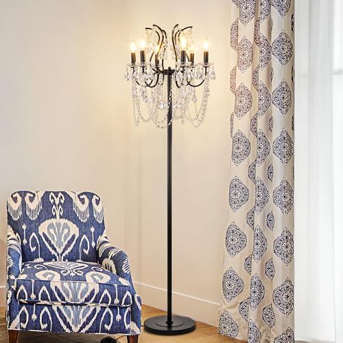 TOCHIC Modern Black Crystal Floor Lamp, 6-Light Vintage Farmhouse Standing Lamp with Foot Switch for Living Room, Bedroom, Office, Dining Room 65" Tall - Image 1