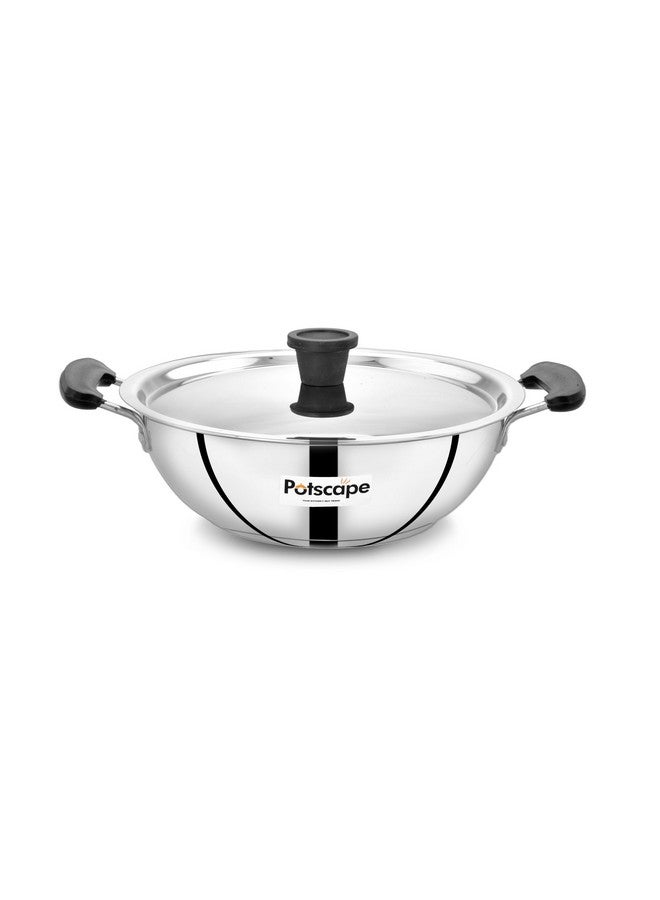 POTSCAPE Essential Stainless Steel Kadai With Lid 22 Cm Capacity 2 Ltr |22 Gauge | Dishwasher Safe|Fuel Efficient|Deep Kadai For Frying |Gas And Induction Compactible - 2 Year Warranty, 2 Piece,Black - Image 1