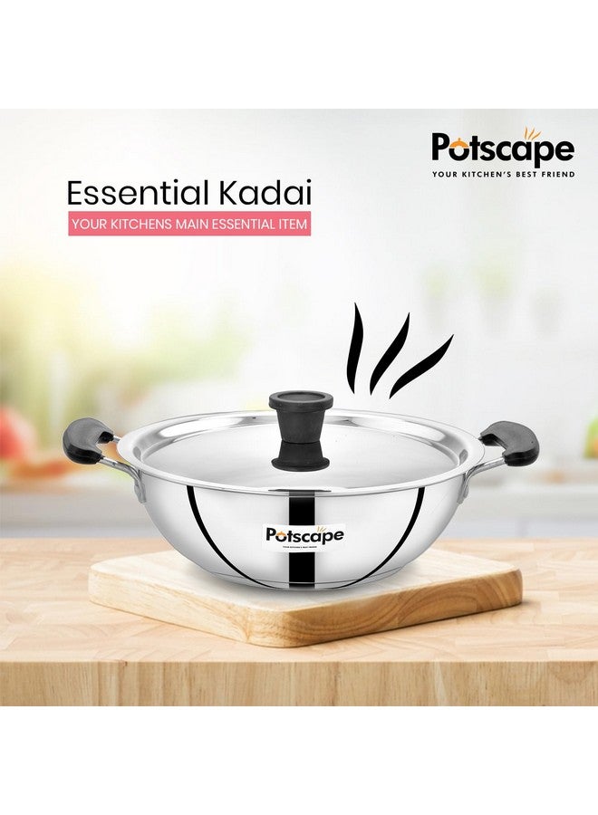 POTSCAPE Essential Stainless Steel Kadai With Lid 22 Cm Capacity 2 Ltr |22 Gauge | Dishwasher Safe|Fuel Efficient|Deep Kadai For Frying |Gas And Induction Compactible - 2 Year Warranty, 2 Piece,Black - Image 5