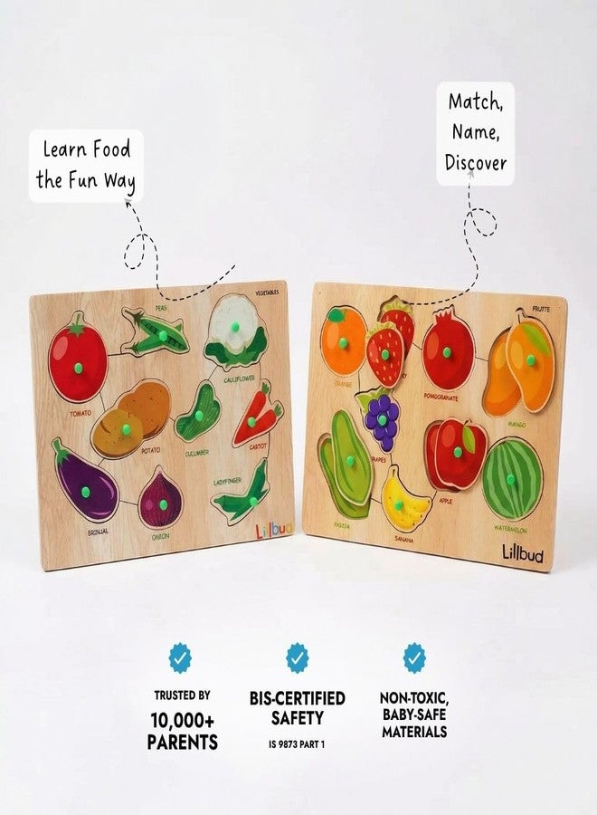 LiLLBUD Wooden Puzzle for Kids (1-2.5 Years) - Fruits & Vegetables Knob Puzzle Combo Set of 2 | Builds Food Recognition, Fine Motor Skills & Vocabulary | Montessori Educational Toy Gift - Image 2