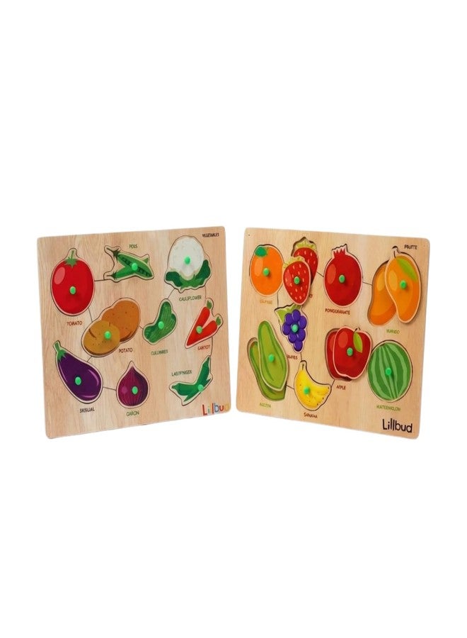 LiLLBUD Wooden Puzzle for Kids (1-2.5 Years) - Fruits & Vegetables Knob Puzzle Combo Set of 2 | Builds Food Recognition, Fine Motor Skills & Vocabulary | Montessori Educational Toy Gift - Image 1
