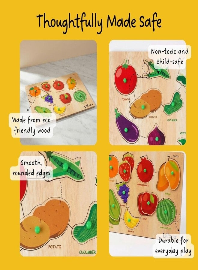 LiLLBUD Wooden Puzzle for Kids (1-2.5 Years) - Fruits & Vegetables Knob Puzzle Combo Set of 2 | Builds Food Recognition, Fine Motor Skills & Vocabulary | Montessori Educational Toy Gift - Image 4