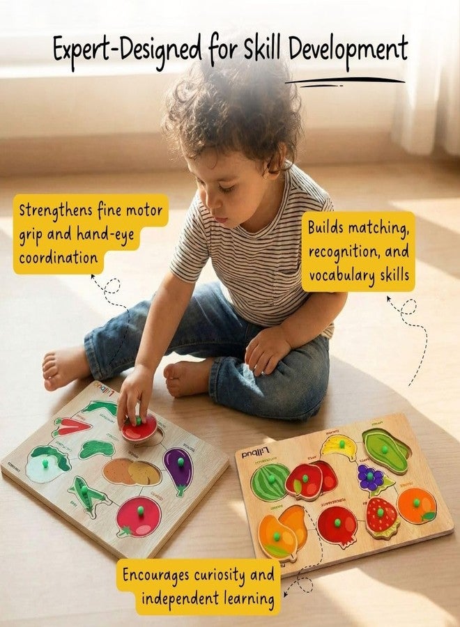 LiLLBUD Wooden Puzzle for Kids (1-2.5 Years) - Fruits & Vegetables Knob Puzzle Combo Set of 2 | Builds Food Recognition, Fine Motor Skills & Vocabulary | Montessori Educational Toy Gift - Image 3