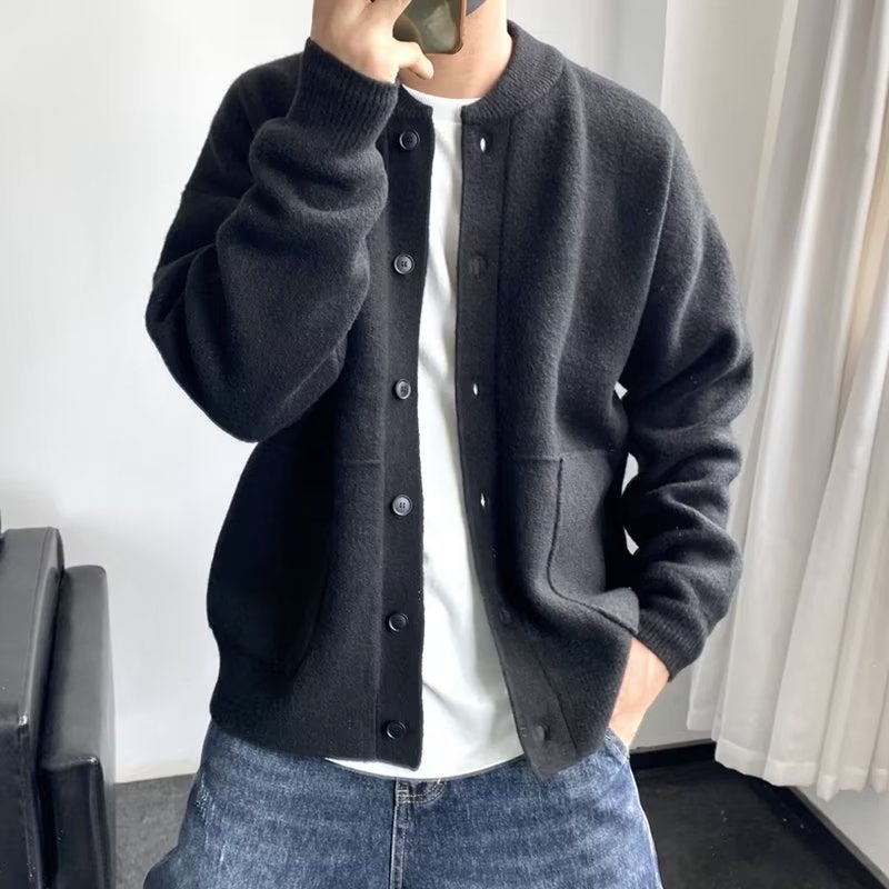 Japanese Wool Cardigan Mens Casual Knit Sweater Jacket Black - Image 4