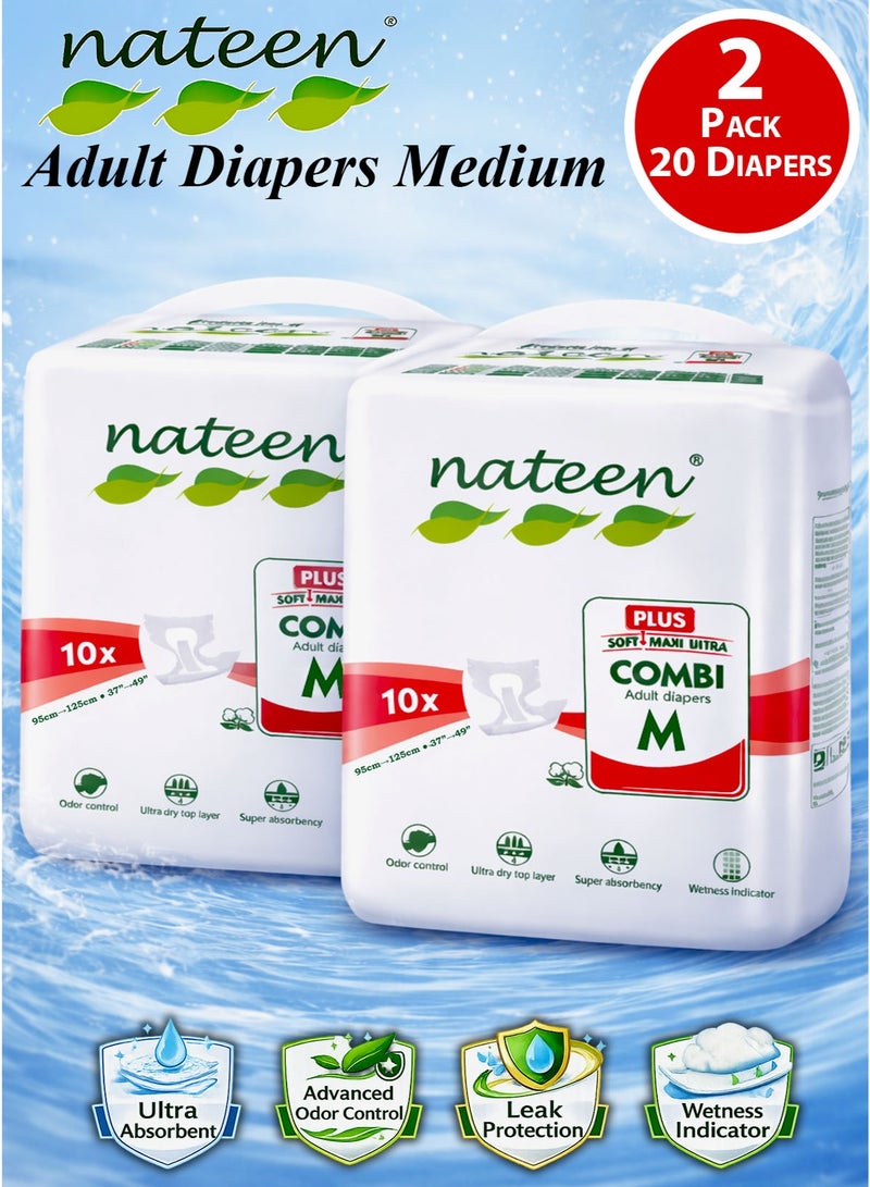 nateen 20 Count Pack of 2 Nateen Combi Plus Adult Diapers Medium Size Incontinence Disposable Underwear for Men and Women Waist Size 95 to 125 cm Super Absorbent Core Leak Guard Wetness Indicator Ultra Dry Top Layer Soft Breathable Comfortable Odor Control Day and Night Protection Unisex Premium Quality 2450 ml Absorbency - Image 1