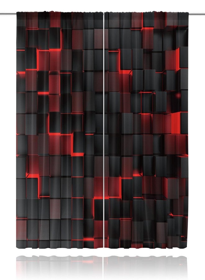 MESHELLY Red and Black Curtains 42Wx63H Inch Rod Pocket Abstract Curtains Modern 3D Gradient Design Futuristic Geometric Cubes Bedroom Window Drapes Man Boys Printed Living Room Window Fabric 2 Panels - Image 2