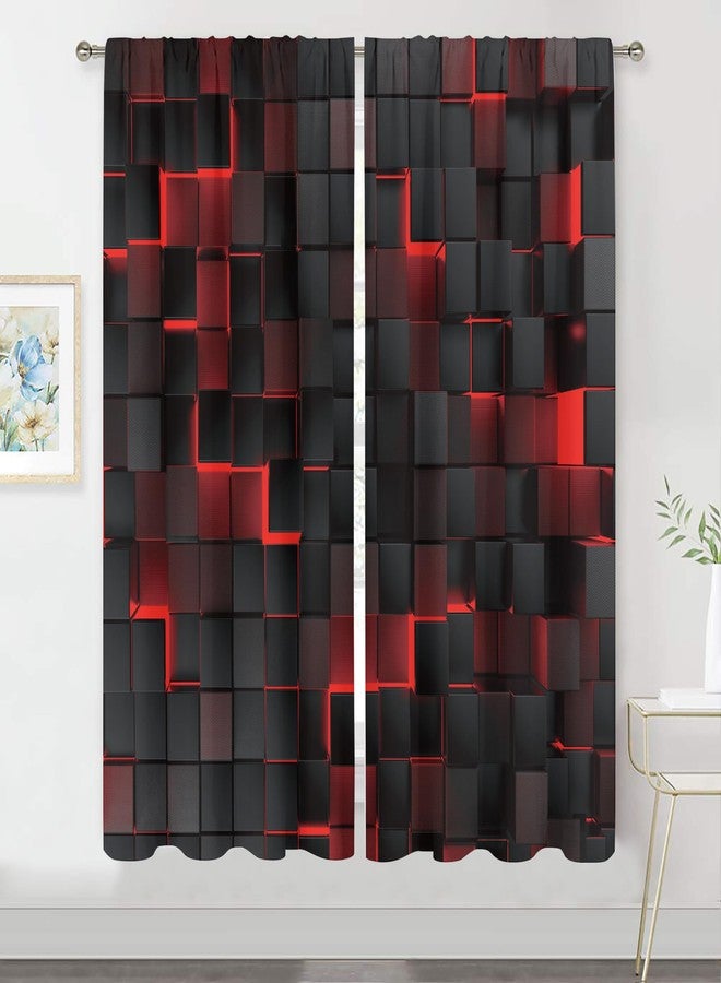 MESHELLY Red and Black Curtains 42Wx63H Inch Rod Pocket Abstract Curtains Modern 3D Gradient Design Futuristic Geometric Cubes Bedroom Window Drapes Man Boys Printed Living Room Window Fabric 2 Panels - Image 1