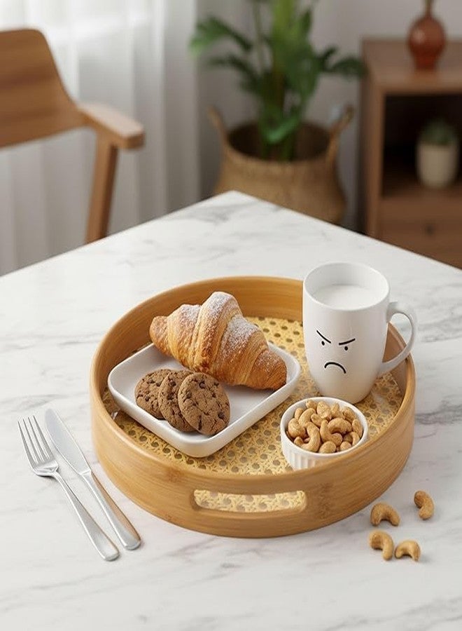 MUGATH Handcrafted Bamboo Rattan Serving Tray with Handle | Round Wooden Tea Tray & Decorative Serveware for Dining Table (Brown) - Image 2