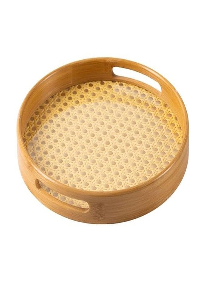 MUGATH Handcrafted Bamboo Rattan Serving Tray with Handle | Round Wooden Tea Tray & Decorative Serveware for Dining Table (Brown) - Image 1