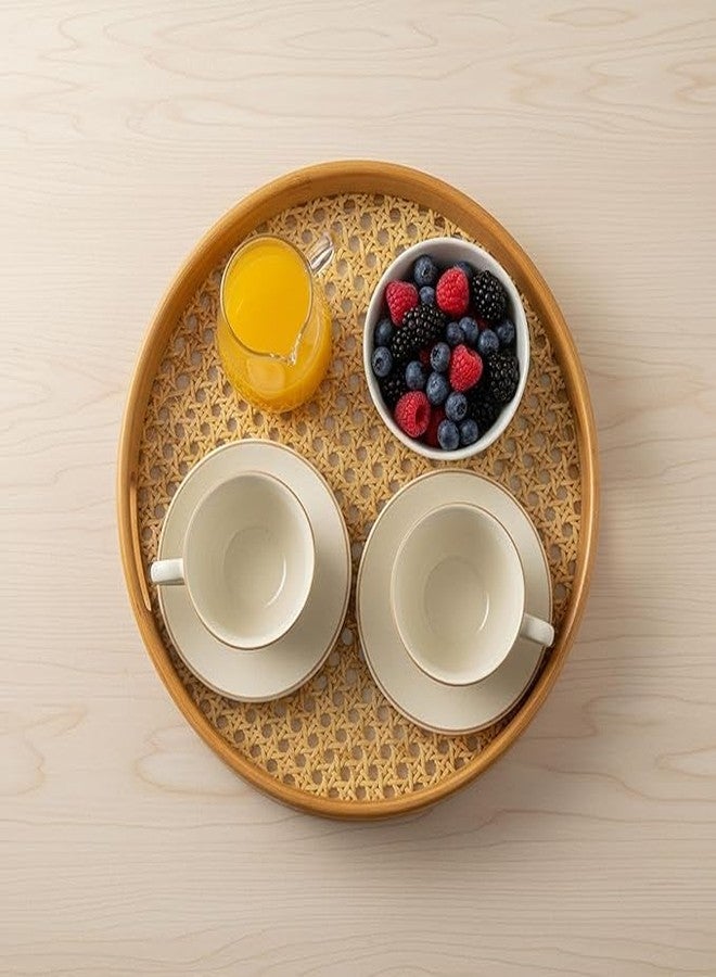 MUGATH Handcrafted Bamboo Rattan Serving Tray with Handle | Round Wooden Tea Tray & Decorative Serveware for Dining Table (Brown) - Image 3