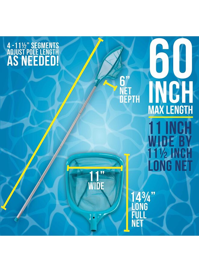 Swimming Pool 5 Foot Leaf Skimmer Net with 4 Aluminum Pole Sections - 6" Deep Ultra Fine Mesh Netting Bag Basket for Fast Cleaning of The Finest Debris - 60" Long - Image 2