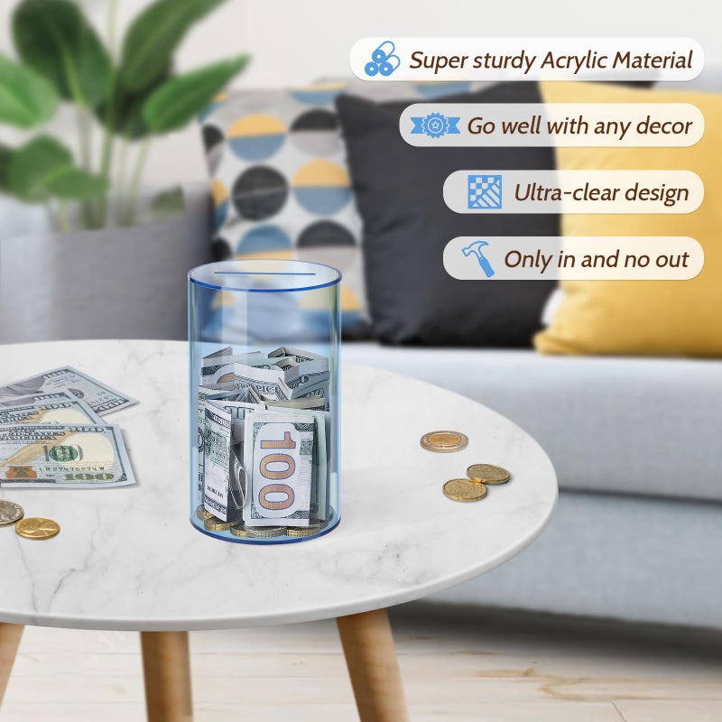 Hicocool Clear Piggy Bank for Adults Kids Must Break to Open, Blue Acrylic Piggy Bank Unopenable Money Savings Jar (6" H x 3.54" D) - Image 4