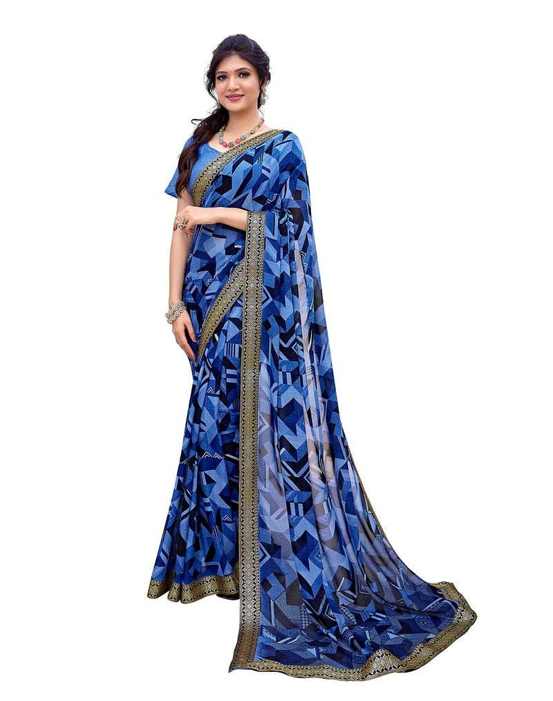 Yashika Women's Georgette Printed Saree with Jacquard Lace & Blouse Material - Perfect for 2024's Festivals & Occasions! Beautifully Crafted, Traditional Elegance (AZ-YS-P1-MAYA BLUE) - Image 1