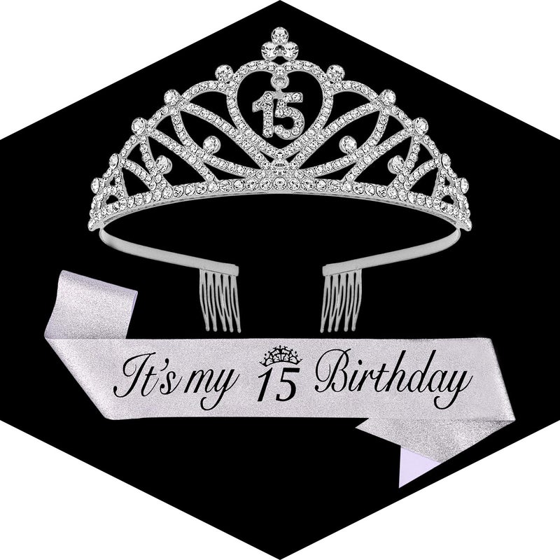 CUBACO 15th Birthday Crown and Sash Set It's My 15th Birthday Decorations for Girls Silver Crown/Tiara for Girls Happy 15 Birthday Party Supplies Corona Para 15 aÃ±os QuinceaÃ±eras Silver - Image 1