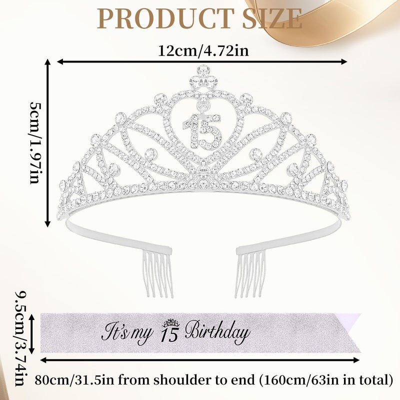 CUBACO 15th Birthday Crown and Sash Set It's My 15th Birthday Decorations for Girls Silver Crown/Tiara for Girls Happy 15 Birthday Party Supplies Corona Para 15 aÃ±os QuinceaÃ±eras Silver - Image 4