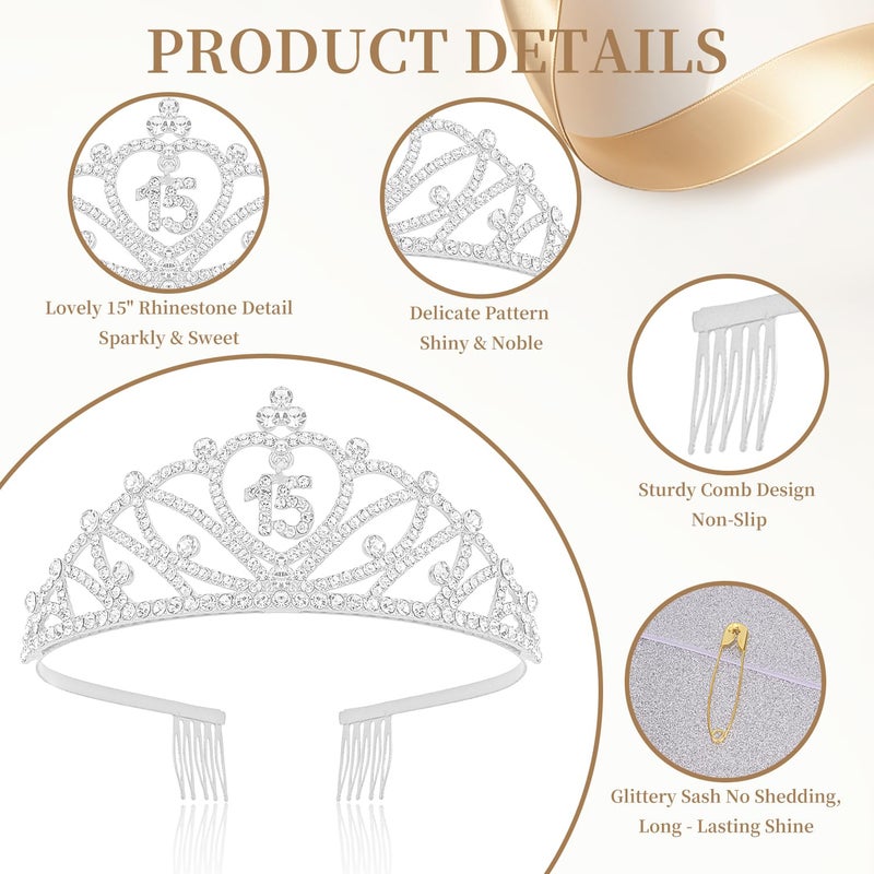 CUBACO 15th Birthday Crown and Sash Set It's My 15th Birthday Decorations for Girls Silver Crown/Tiara for Girls Happy 15 Birthday Party Supplies Corona Para 15 aÃ±os QuinceaÃ±eras Silver - Image 3