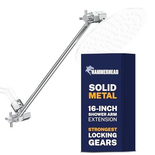 HammerHead Showers Solid Metal 16 Inch Long Adjustable Shower Arm Feat Shark Teeth The Strongest Locking Joints of Any Shower Head Extension Arm Raises Showerhead Height Chrome - Image 1
