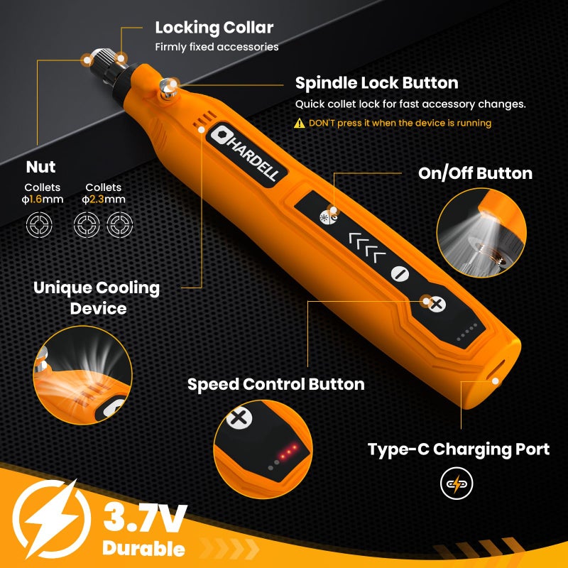 HARDELL Mini Cordless Rotary Tool, 5-Speed and USB Charging Rotary Tool Kit with 71 Accessories, Multi-Purpose 3.7V DIY Craft Tool for Sanding, Polishing, Drilling, Engraving (Orange) - Image 2