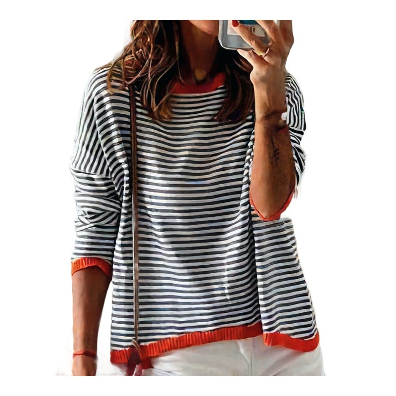 Knitted Sweater with Striped Contrast Design and Drop Shoulder Long Sleeves - Image 1
