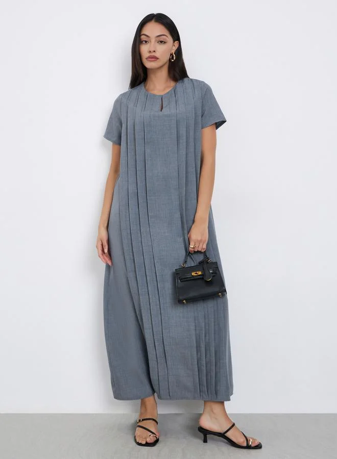 Amirah Amirah Grey Pleated Short Sleeve Maxi Jalabiya