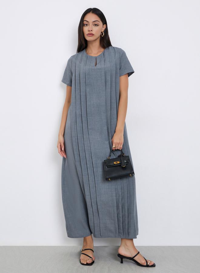 Amirah Grey Pleated Short Sleeve Maxi Jalabiya - Image 1