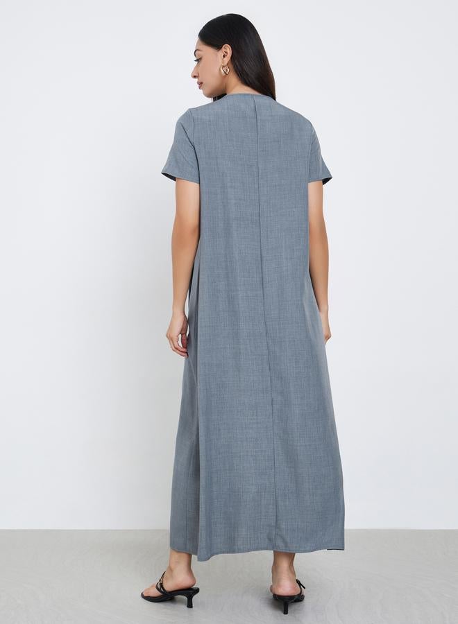 Amirah Grey Pleated Short Sleeve Maxi Jalabiya - Image 4