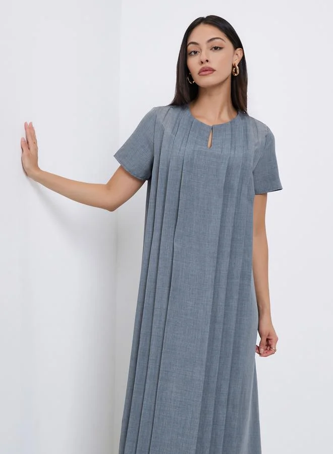 Amirah Amirah Grey Pleated Short Sleeve Maxi Jalabiya