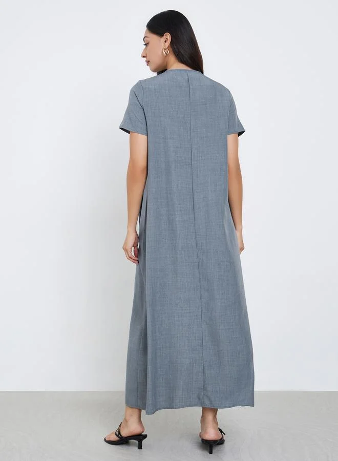 Amirah Grey Amirah Grey Pleated Short Sleeve Maxi Jalabiya for Women | Best Price UAE