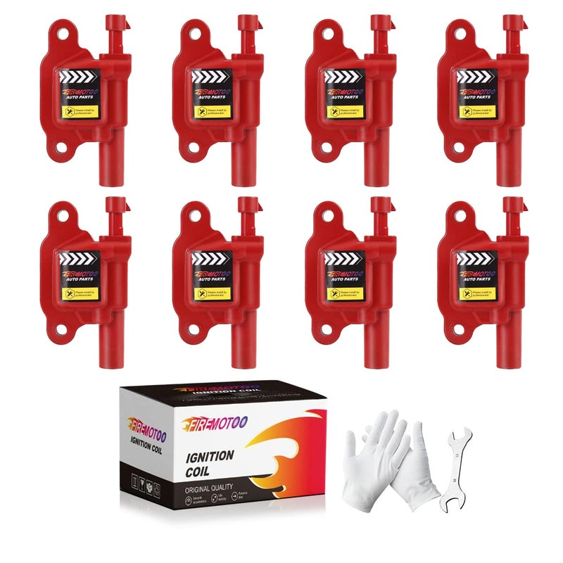 FIREMOTOO Pack of 8 Ignition Coil Pack Compatible with Cadillac Chevy GMC Pontiac G8 Grand Prix Tahoe Yukon Silverado Impala Trailblazer Avalanche 53L 60L UF413 12570616 H6T55271ZC C1511 D510C Red