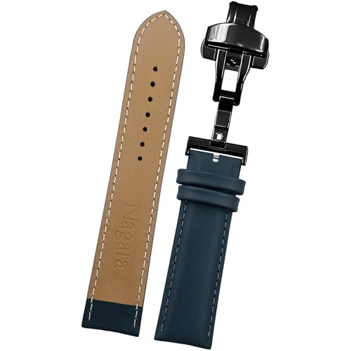 DBLACK ''NAGATA3'' Leather Watch Strap with Butterfly Lock, Minimalist Design Watch Belt // For 18mm, 20mm, 22mm, or 24mm Watch Band (Choose Your Size & Color) (Blue, 22mm / Silver) - Image 1