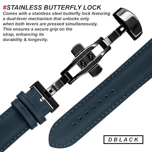 DBLACK ''NAGATA3'' Leather Watch Strap with Butterfly Lock, Minimalist Design Watch Belt // For 18mm, 20mm, 22mm, or 24mm Watch Band (Choose Your Size & Color) (Blue, 22mm / Silver) - Image 3