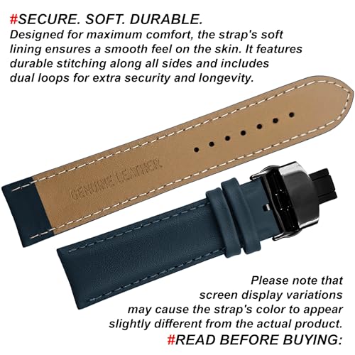 DBLACK ''NAGATA3'' Leather Watch Strap with Butterfly Lock, Minimalist Design Watch Belt // For 18mm, 20mm, 22mm, or 24mm Watch Band (Choose Your Size & Color) (Blue, 22mm / Silver) - Image 4